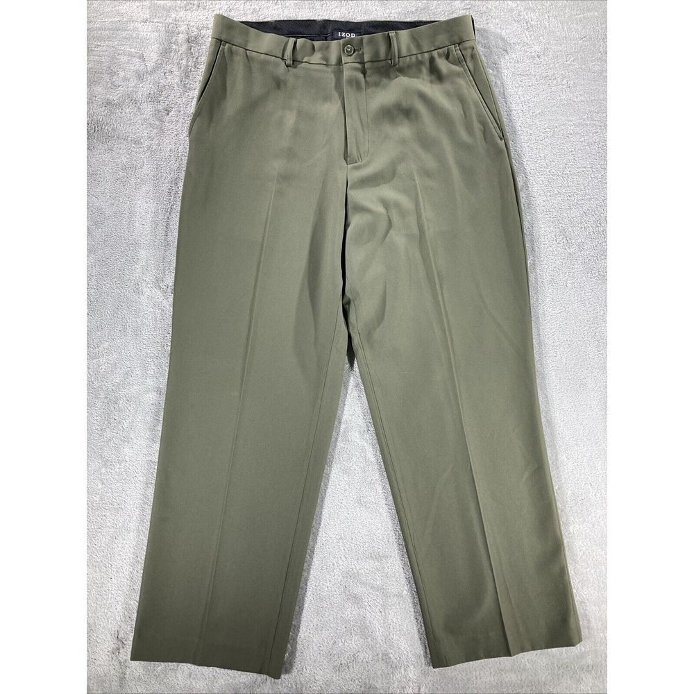 IZOD XFG Pleated Chino Dress Pants Mens Size 34x30 Olive Green 100% Polyester